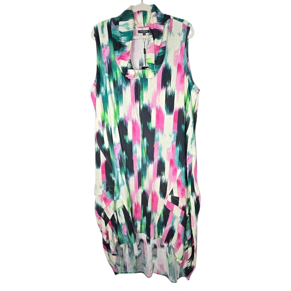 For Cynthia Woman 1X Linen Blend Cowl Neck High Low Ikat Abstract Midi Dress
